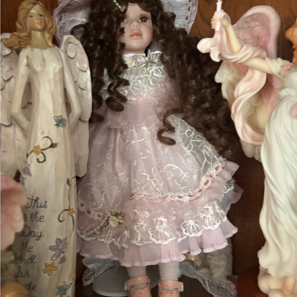 Elegant Pink Porcelain Doll with Lace Dress